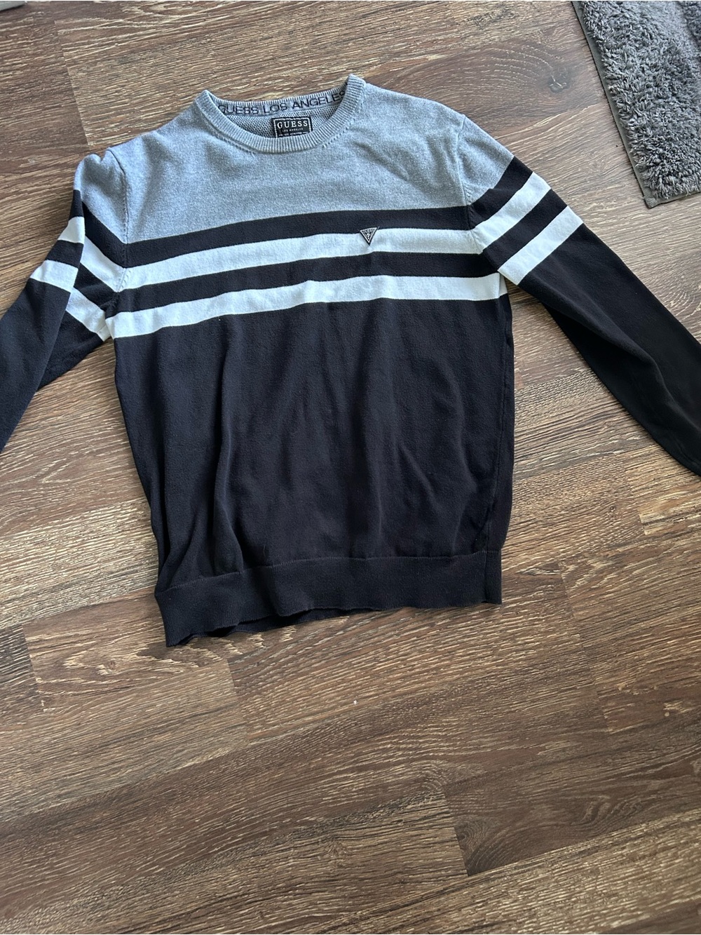 Guess Men's Black and Light Gray Striped Crewneck Sweater